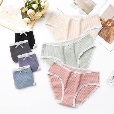 女士内裤棉质少女日系蝴蝶结清新透气螺纹女士纯棉裆无痕三角裤头|ms
