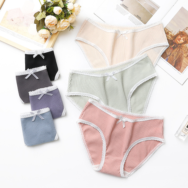 女士内裤棉质少女日系蝴蝶结清新透气螺纹女士纯棉裆无痕三角裤头|ms