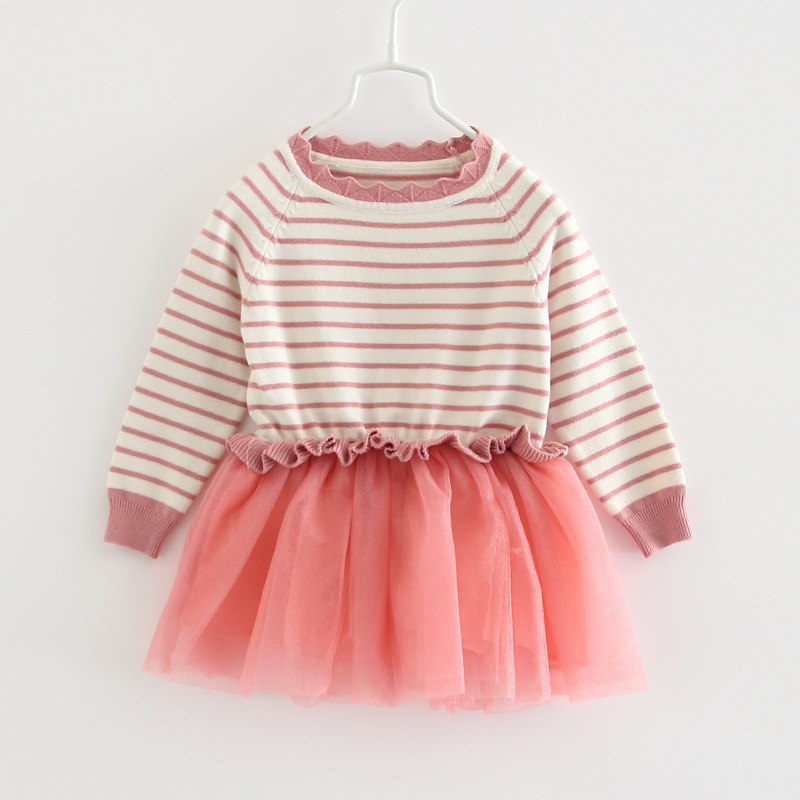 Vestido de suéter de primavera y otoño para niñas Vestido de princesa de encaje a rayas europeo y americano falso falda de dos piezas para niños de lana