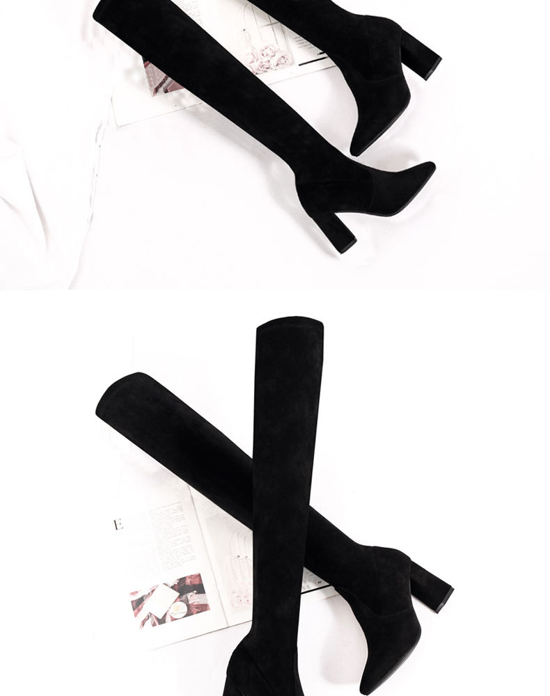 Bottes à talons hauts au-dessus du genou Bottes en daim à élastiques épais et bottes en polaire à bout pointu et élastiques_voghion.com