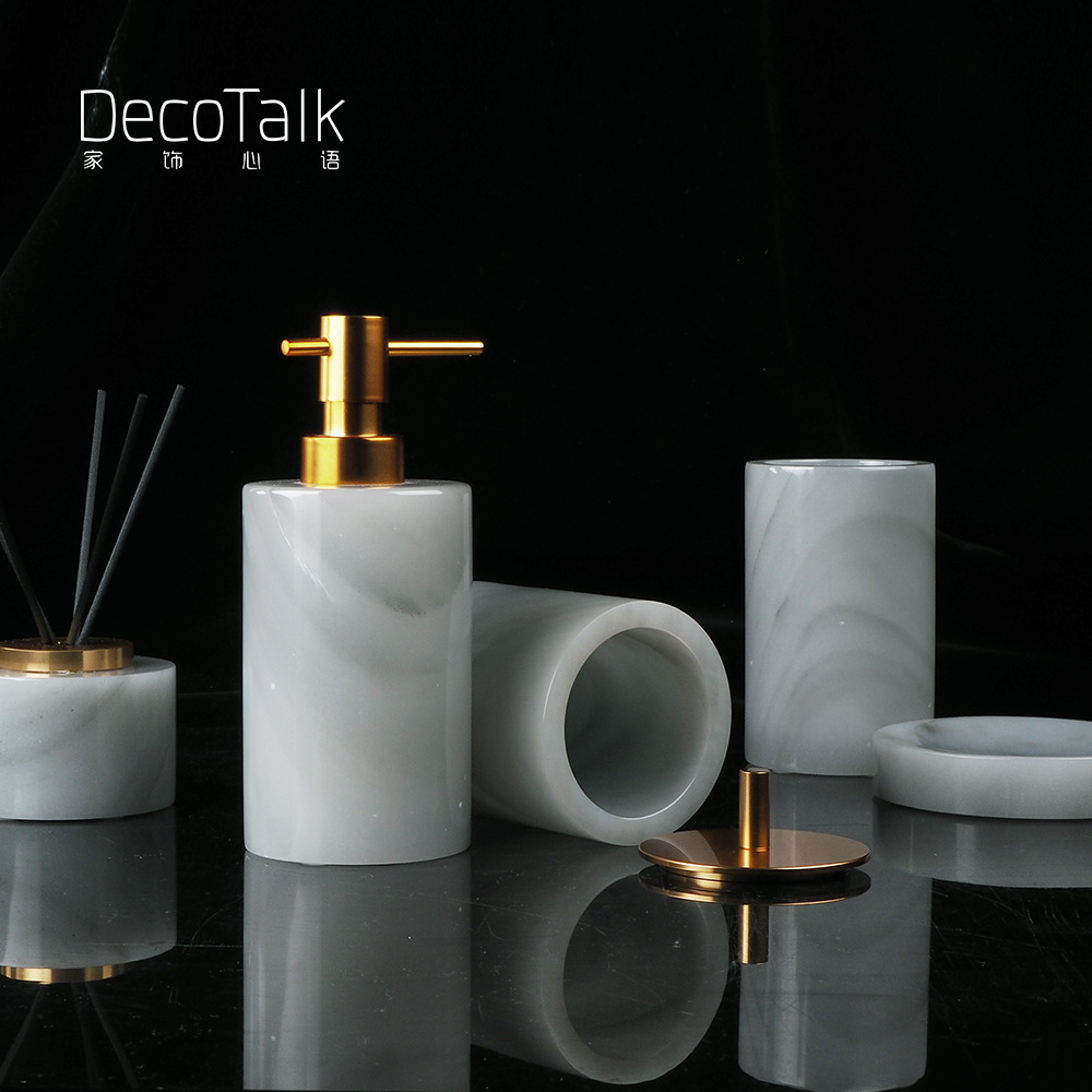 DecoTalk云雾灰大理石卫浴套件洗漱套装轻奢浴室配饰新中式摆件