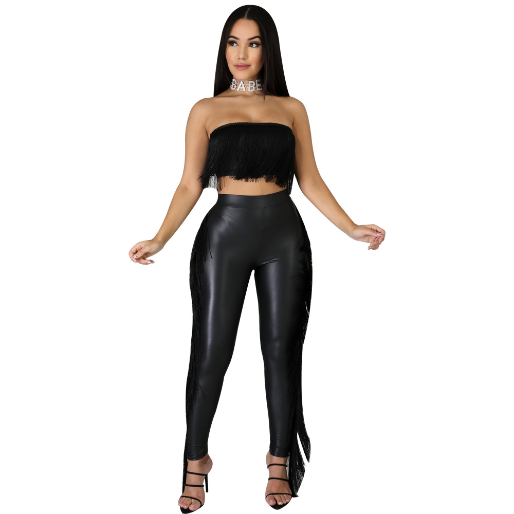 Sexy Wrapped Chest Tassel Slim Trousers 2 Piece Set NSTYF72897