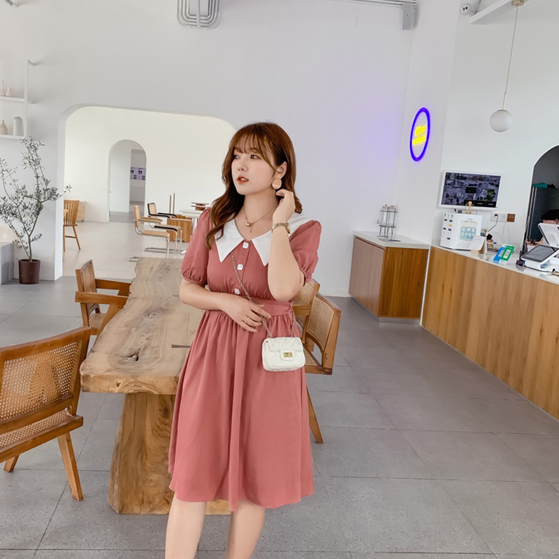 2020夏季大码女装撞色尖领法式桔梗裙可前后两面穿宽松收腰连衣裙|ms