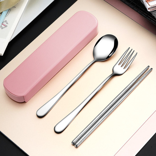 Korean cute portable stainless steel tableware set with chopsticks, spoon, and fork, three-piece set, student travel chopstick spoon case