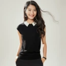 2022新款夏季名媛风气质背心时尚<font red=H>女</font>装钉珠撞色翻领上衣<font red=H>女式</font><font red=H>针织</font><font red=H>衫</font>