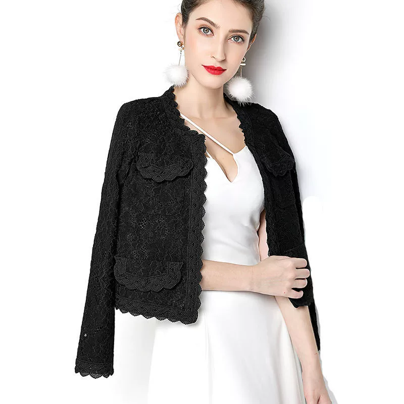 Demi-season Lace Short Jacket, Women's Fitted Velvet-Lined Cardigan, Classic Suit Style