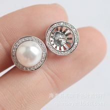 DIY珍珠配件空托半成品  S925純銀圓花微鑲蜜蠟耳釘空托飾品 粘珠