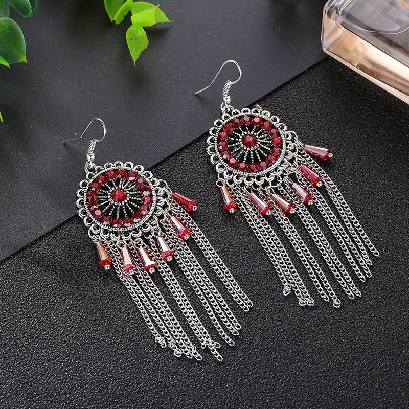 1 Pair Ethnic Style Round Tassel Alloy Plating Inlay Artificial Diamond Women's Drop Earrings display picture 4