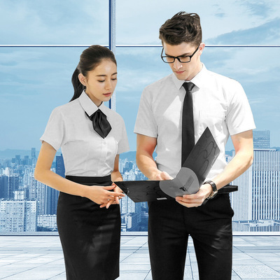 2019夏季新款商务短袖男女同款衬衫修身纯色职业正装工作服白衬衣