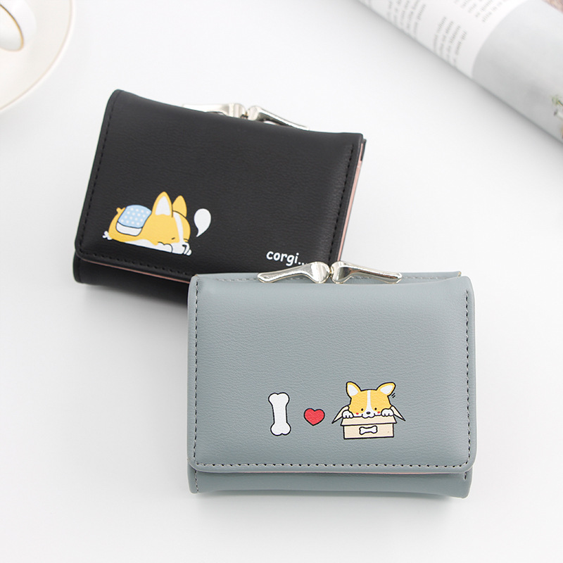 New Korean-style women's wallet, short style, cartoon puppy coin purse, three-fold coin holder with snap closure petite wallet