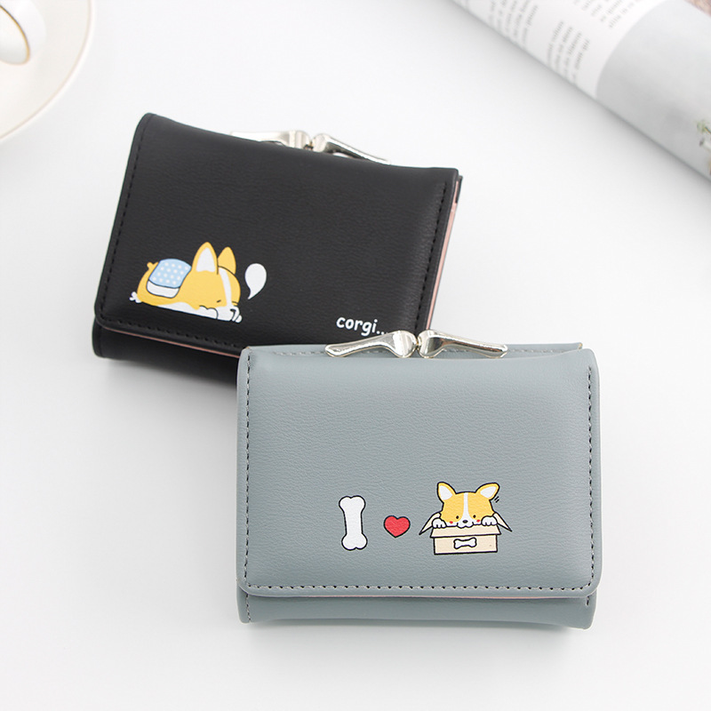 New Korean style women's wallet short cartoon puppy coin purse tri-fold coin bag lock small wallet