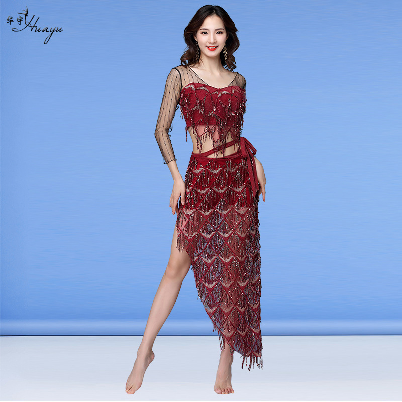 Women Belly dance costume belly practice clothes performance net yarn suit sexy female beginner Women Belly dance costume belly practice clothes performance net yarn suit sexy female beginner