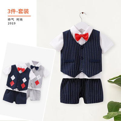 新款夏季婴儿衣服套装 2019短袖马甲三件套时尚宝宝外出服批发|ru