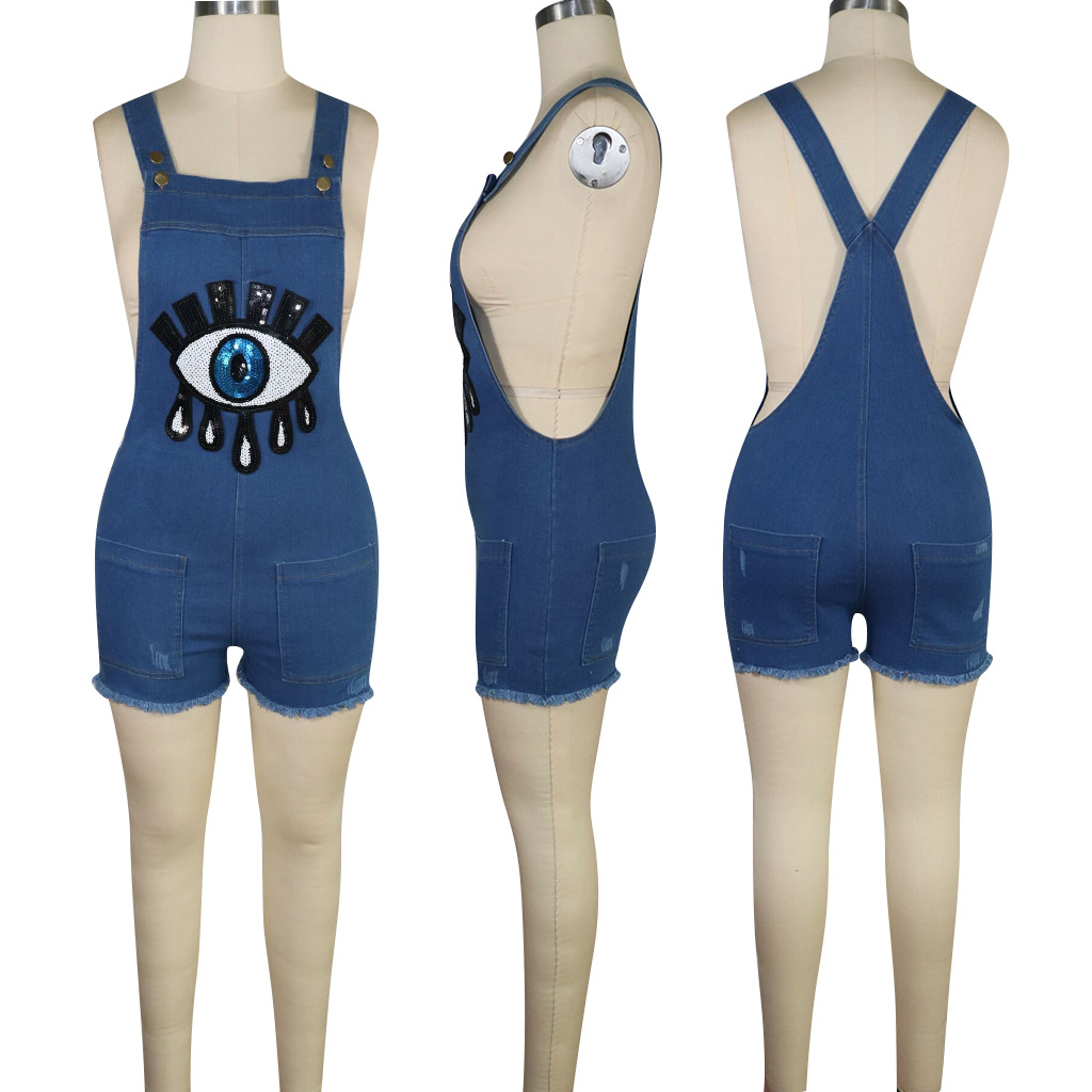 2020 Women Sequined Short Overalls Jeans Vintage Denim Character Mouse Eye Sequin Backless 