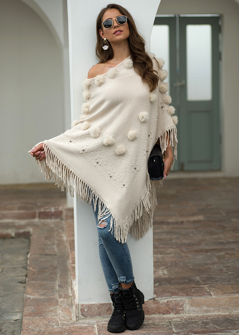 Fringed Hair Ball Beaded Round Neck Shawl Sweater NSMMY84041