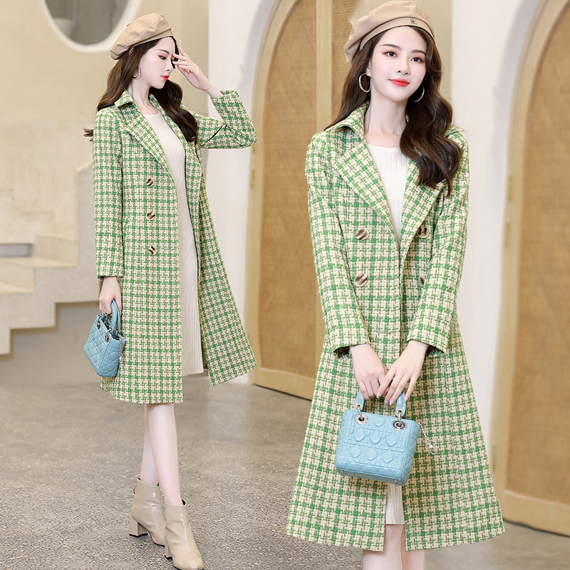 2020秋冬季粗花呢毛呢外套女中长款森系加厚赫本千鸟格子呢子大衣