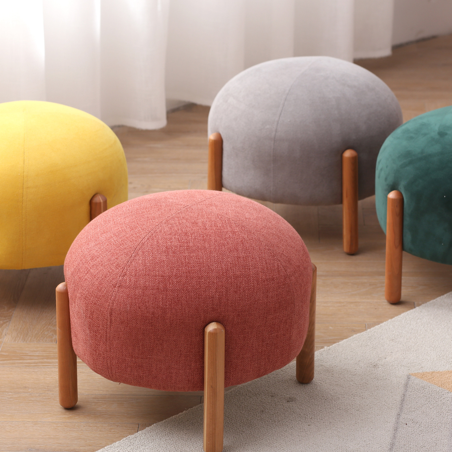 北欧樱桃木实木沙发凳客厅换鞋凳小户型布艺小圆凳软包小凳子