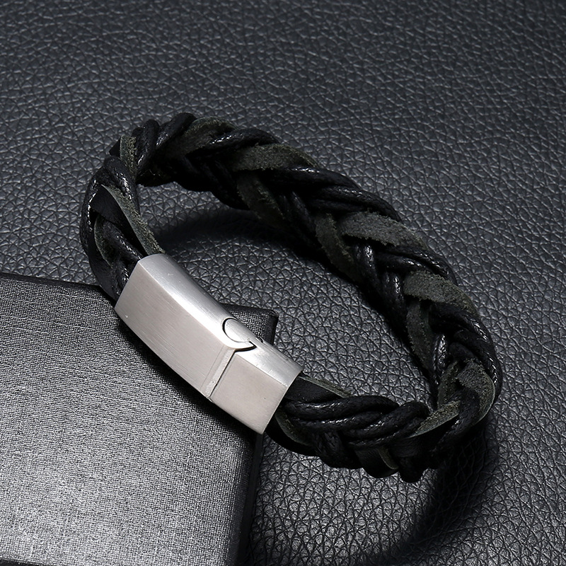 Fashion simple magnetic buckle men leather vintage woven stainless steel bracelet