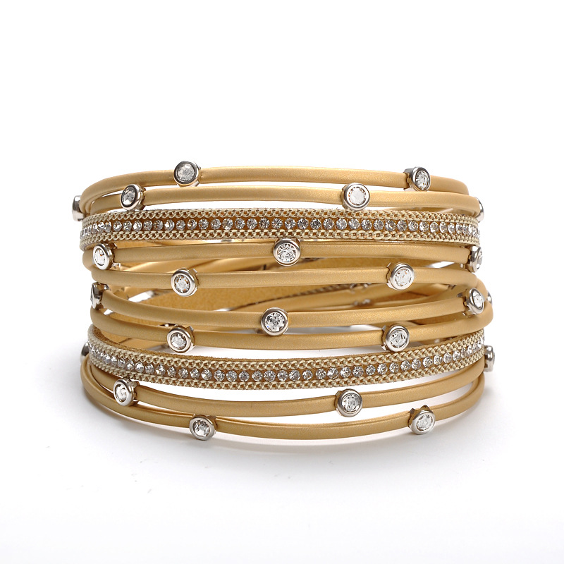31g Weight 0.03µm Gold Plating Thickness UV Plating Gold Plating Process White K Plated Plating Material Artificial Rhinestones Inlay Material Simple Style Round Pu Leather Alloy Inlay Artificial Rhinestones Water Plating Men's Bracelets Men Cord & Leather Bracelets