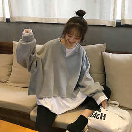 2025新款秋装韩版宽松百搭设计感时尚假两件长袖T恤卫衣女上衣潮