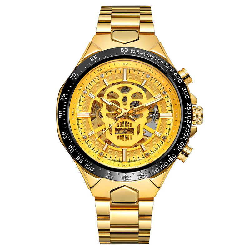 Forsining Fusini hombres de moda correa de acero reloj mecánico automático cráneo luminoso reloj impermeable 432