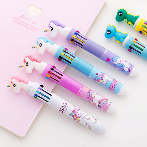 Korean cute hippopotamus dinosaur 10-color ballpoint pen cartoon student stationery multi-function press bullet ballpoint pen