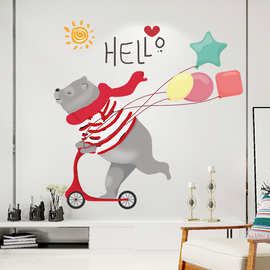 XL8387可爱滑板熊墙贴清新卧室儿童房墙面装饰贴画pvc可移除贴纸