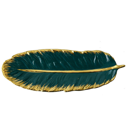 Nordic gold edge creative light luxury ceramic tray, ink green feather plate, banana leaf fruit and nut plate storage ceramic plate