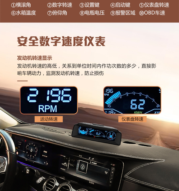 High-Definition Car Hud Head-Up Display Car Horizontal Slope Balancer Obd Speed Speed Water Temperature Meter