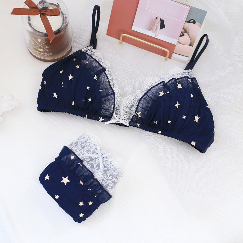 Japanese Style New ins Style Triangle Cup Underwear No Steel Rings Bra Set Chiffon Milk Silk Embroidered Women's Bra