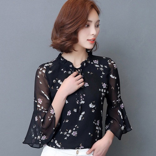 Chiffon shirt women's top long sleeve 2024 spring and summer new large size women's fat MM loose shirt floral bottoming shirt