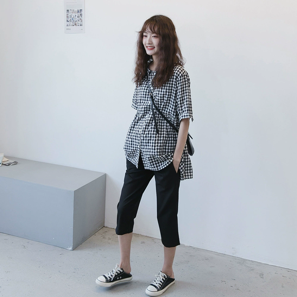 Летняя модная художественная японская клетчатая рубашка для беременных, топ с короткими рукавами, Свободный Повседневный Топ больших размеров, модный