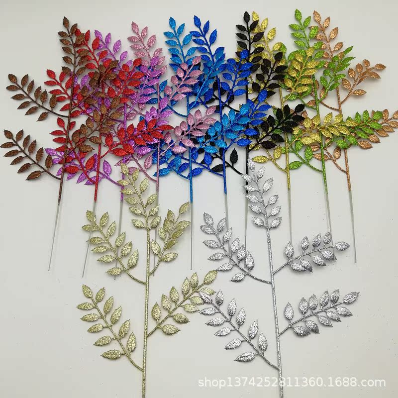 37cm melon seed leaf Christmas gold powder plastic leaf Christmas tree photo frame European flower flower arrangement decorative Bayberry leaf