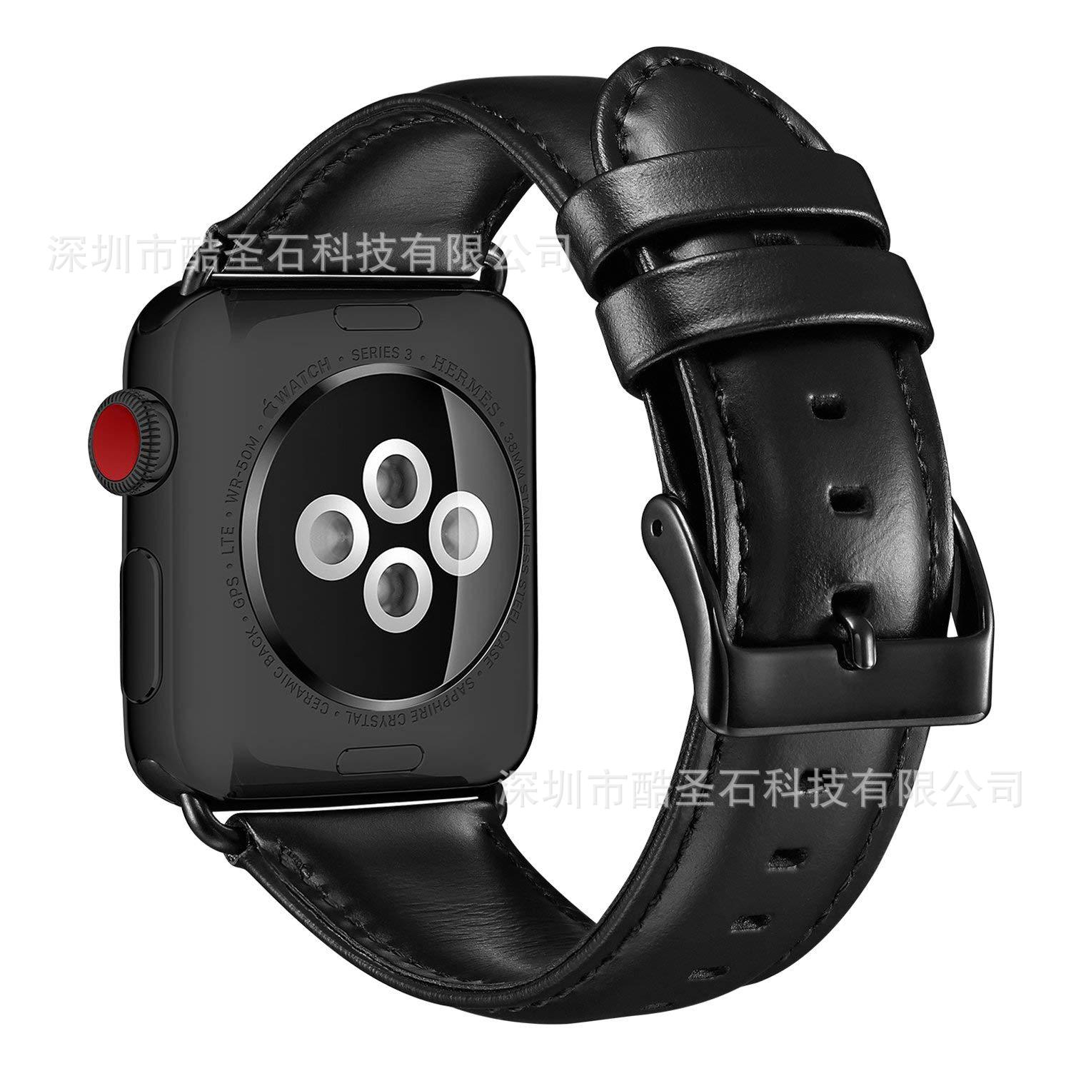 适用苹果手表表带黑色油皮商务休闲表带 apple iwatch表带4代通用|ms