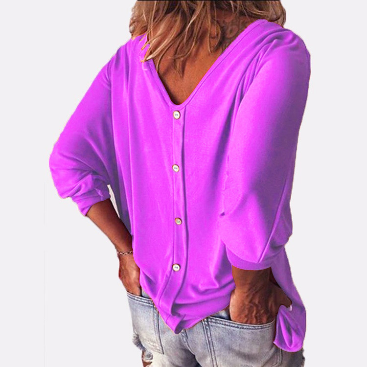 Fashion Solid Color Polyester V Neck 3/4 Length Sleeve Batwing Sleeve Button T-shirt display picture 18