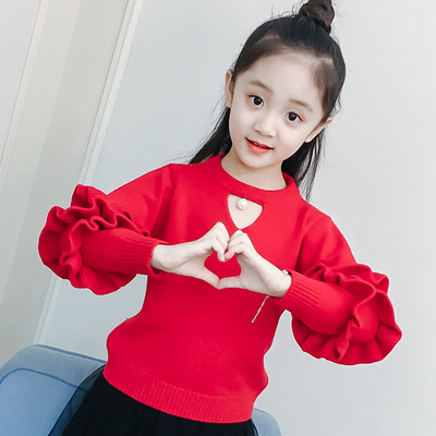 儿童毛衣2018秋季中大童女童花边袖毛衣韩版毛线衣套头衫