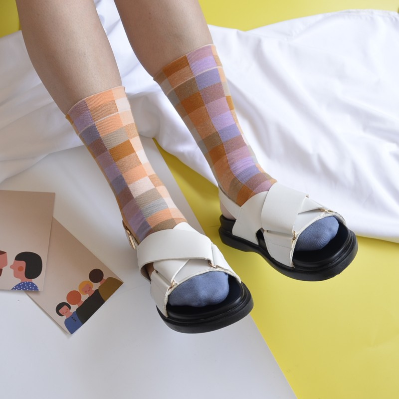 2025d French Gradient Color Plaid 200 Needle Mid-Calf Trendy Women's Playful Adult Artistic College Style Socks_voghion.com