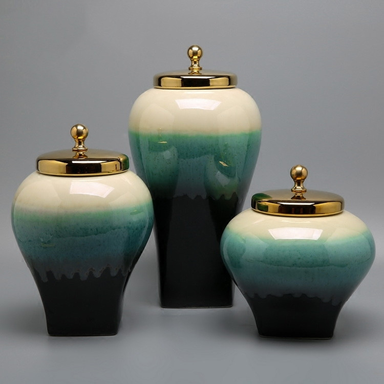 現代新中式創意裝飾器皿陶瓷銅件儲物罐擺件樣板房間酒店軟裝飾品