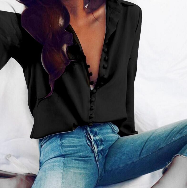 Irregular Solid Color V-Neck Sexy Breasted Long Sleeve Women'S Shirt