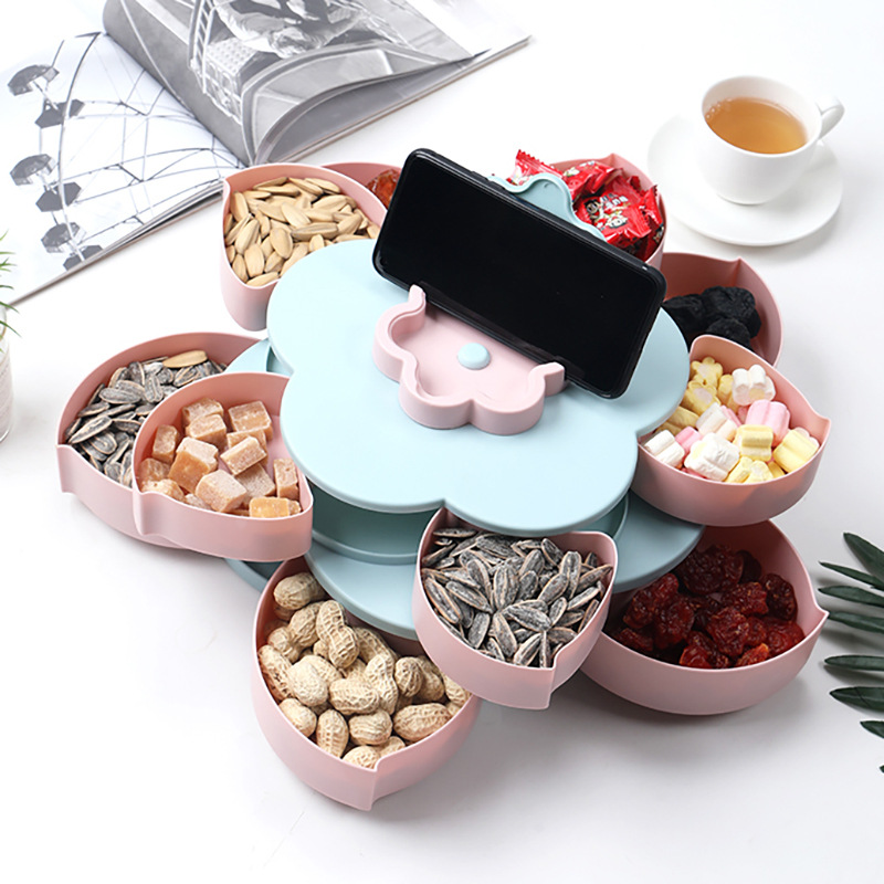 Petal Rotating Candy Box Double-Layered Flower-Shaped Fruit Plate Snack Box To Collect The Multi-Functional Plastic Dried Fruit Plate