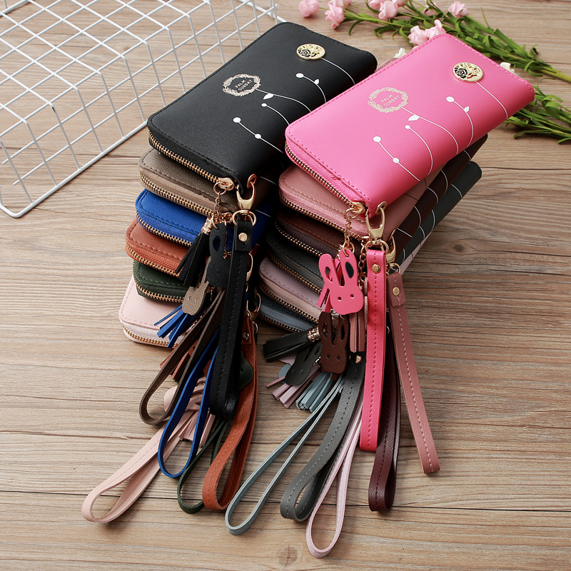 93g Weight Polyester Lining Material Zipper Closure Type Business Occasion Pu Leather Material Solid Color Pattern Women'S Gender Square Shape Dark Grey, Grey, Rose Red, Pink, Green, Blue, Yellow, Black Color Korean Printing Medium Long Single Pull Wallet Wholesale 无
