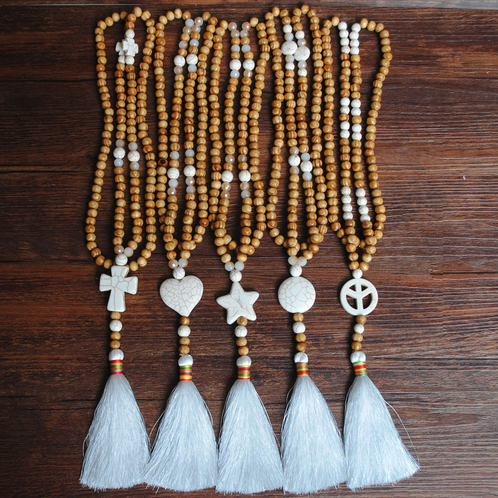 European and American Handmade Wooden Beads Ethnic Sweater Chain Tassel Necklace Turquoise Pendant