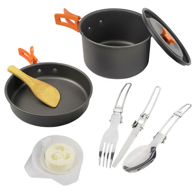 跨境热卖户外炊具套装大号1-2人便携式野营套锅 野炊烧烤锅具餐具