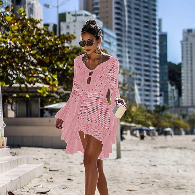 Cutout Knit Flared-Sleeve Beach Blouse Dress NSSX73225