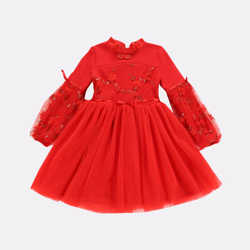 Girls Pink red qipao chinese dress retro cheongsam plush lining New year Tang suit for girl Chinese style dress model show performance skirt for kids