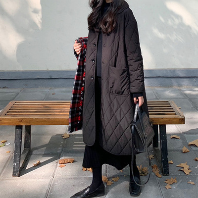 黑色棉服女2020新款娃娃领长款宽松过膝棉衣ins外套女冬港风外贸|ru