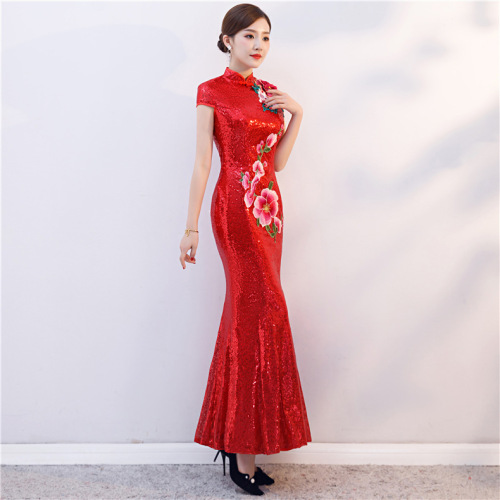 Chinese Dress Qipao for women long fishtail red bud cheongsam dress