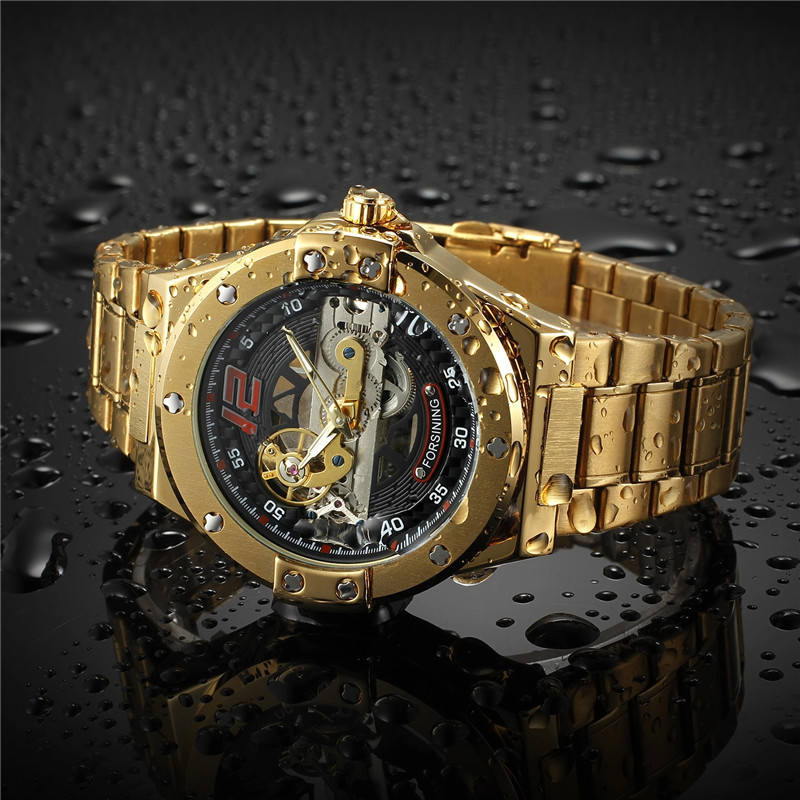 Forsining Fusini correa de acero de los hombres casual reloj mecánico automático transparente inferior hueco motocicleta reloj 897