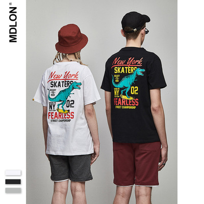 MDL男裝2020春季歐美新款滑板嘻哈恐龍印花情侶圓領短袖T恤休閑男