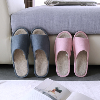 日式春夏居家室内家用木地板防滑舒适男女情侣款纯色开口亚麻拖鞋